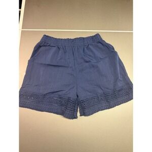 Navy Blue Elastic Waist Shorts with Crochet Lace Trim and Fringe Size Large